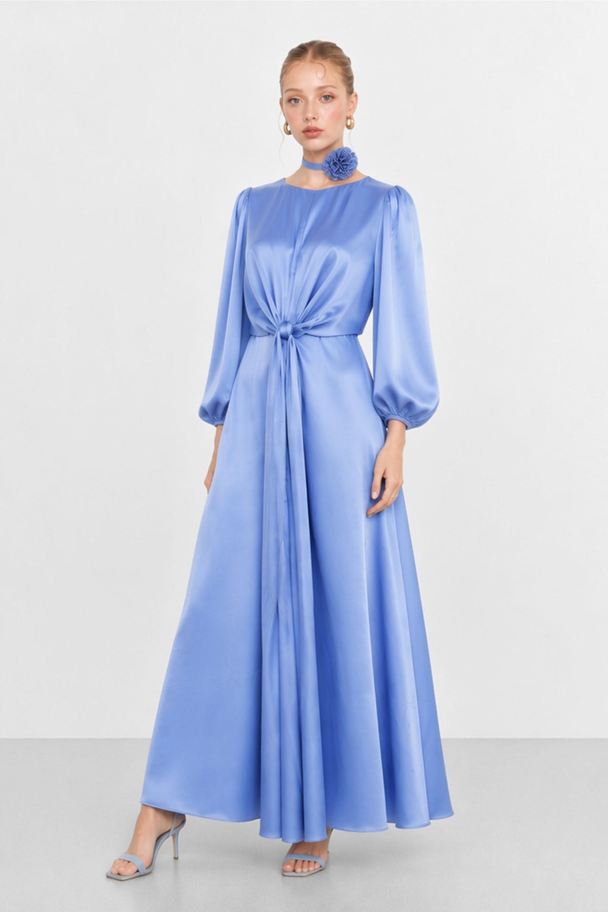 Vestido Largo de Noche con Mangas Abullonadas y Nudo en la Cintura