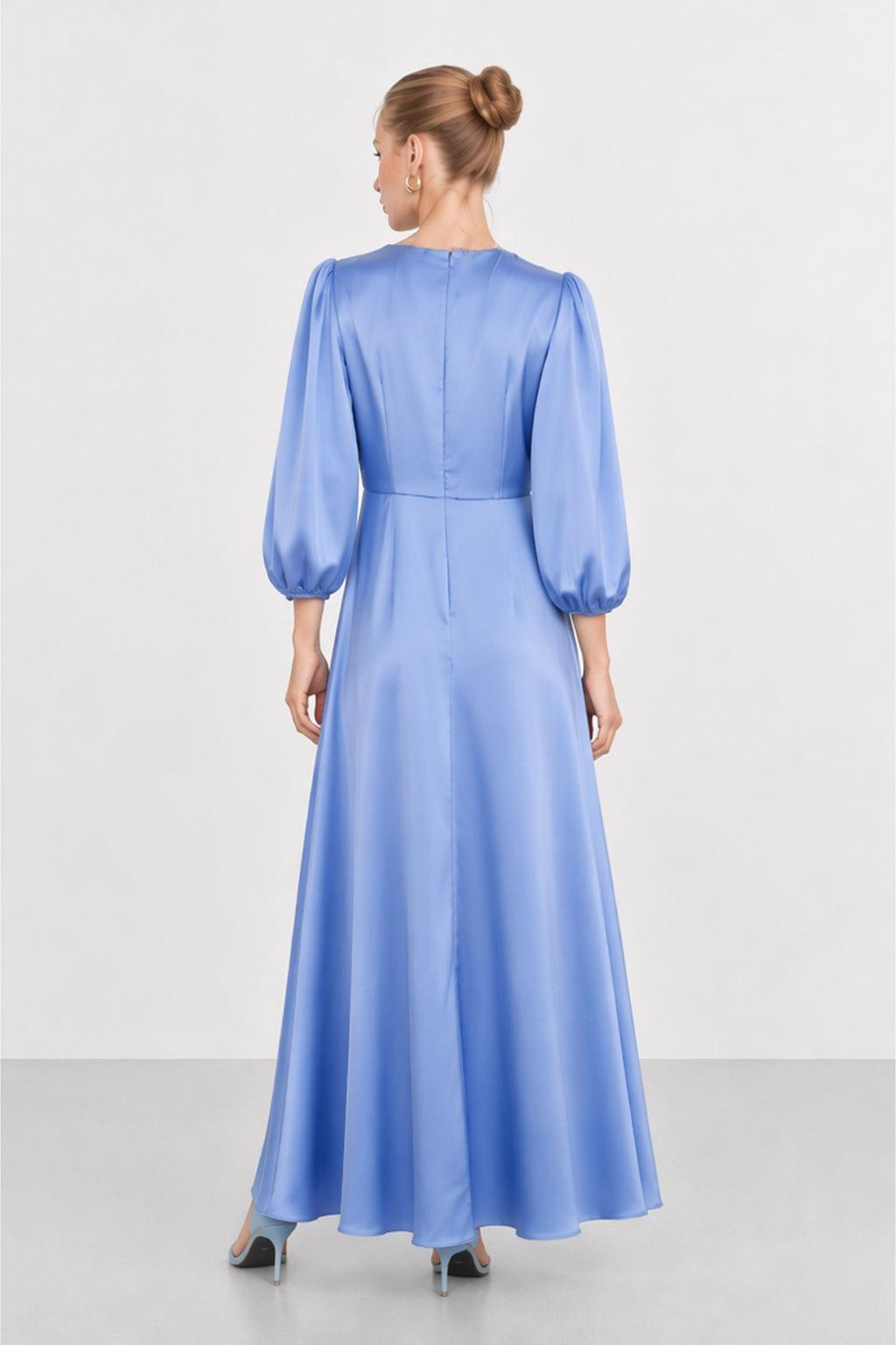 Vestido Largo de Noche con Mangas Abullonadas y Nudo en la Cintura