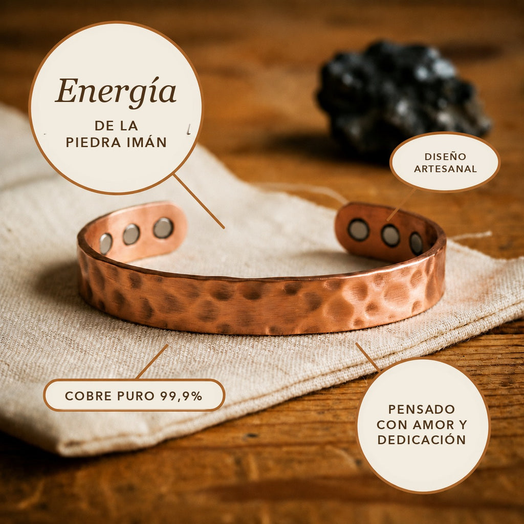 Infografía Elara: cobre puro 99,9%, diseño artesanal