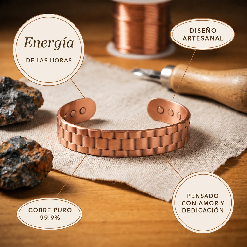 Infografía Elara: cobre puro 99,9%, diseño artesanal