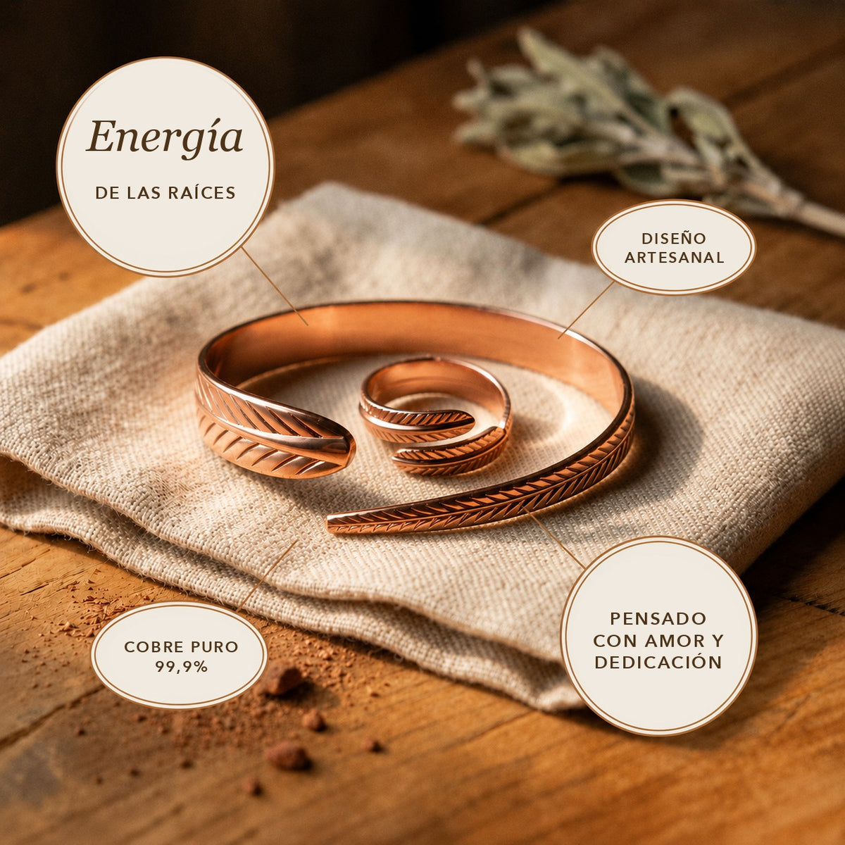 Infografía Elara: cobre puro 99,9%, diseño artesanal
