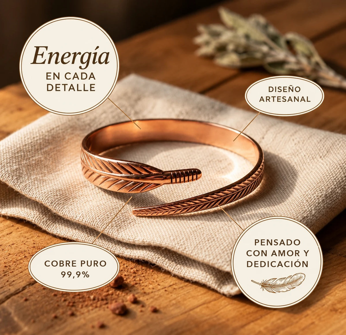 Pulsera de cobre Elara Raíces: cobre puro 99,9%, diseño artesanal