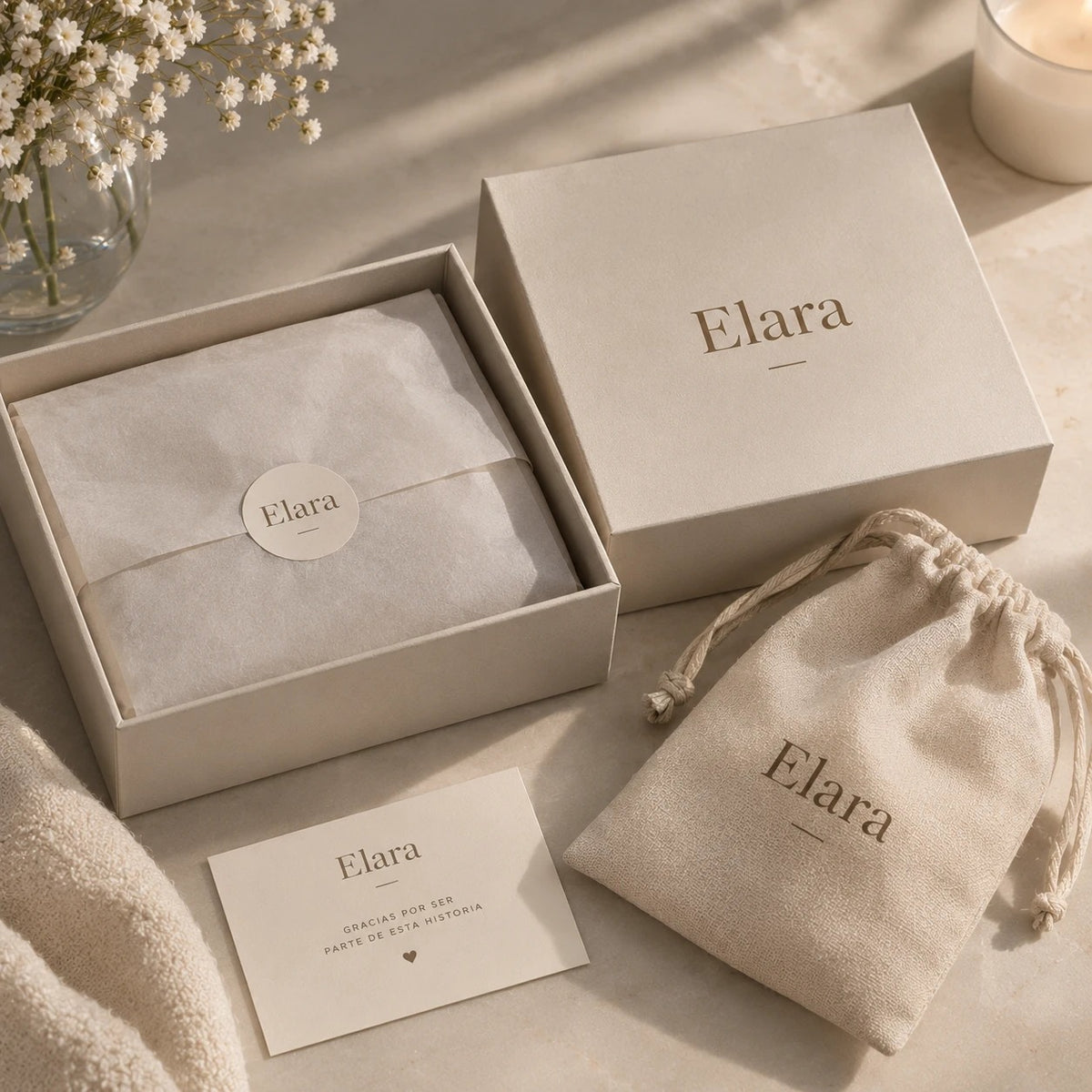 Packaging de regalo Elara: caja, bolsita y tarjeta